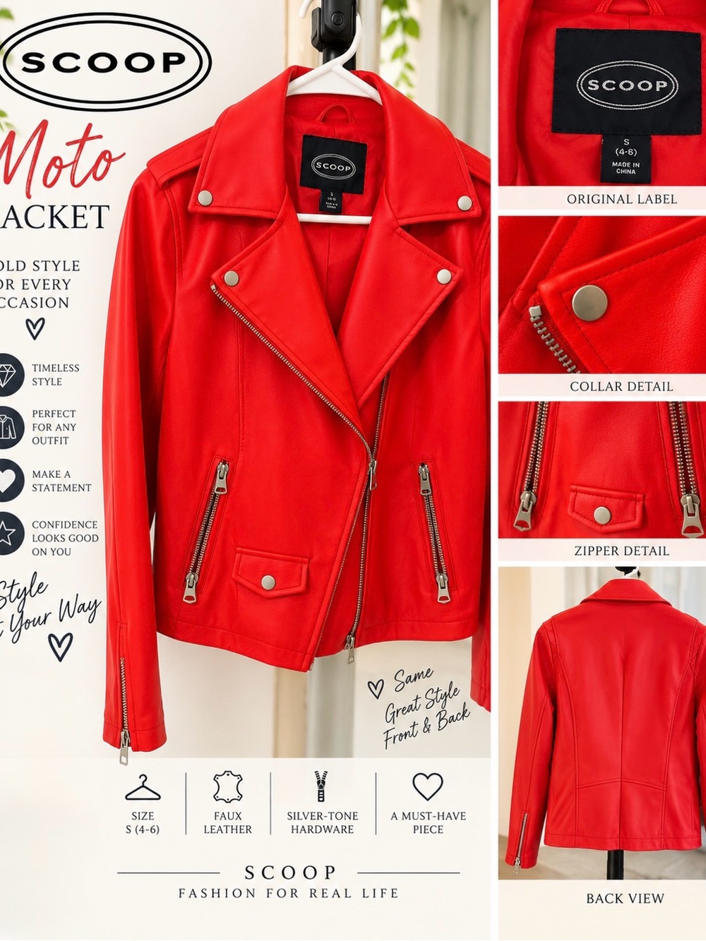 Scoop Red Faux Leather Moto Jacket